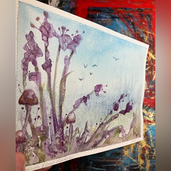 Original painting Mushrooms landscape NEW watercolor floral home decor art USA - Picture 5 of 7